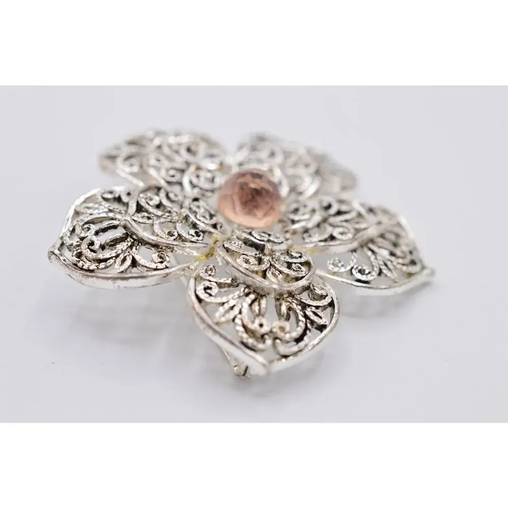 Monet Vintage Pin Brooch Silver Filigree Pink Crystal Flower Shiny Signed Bin5B